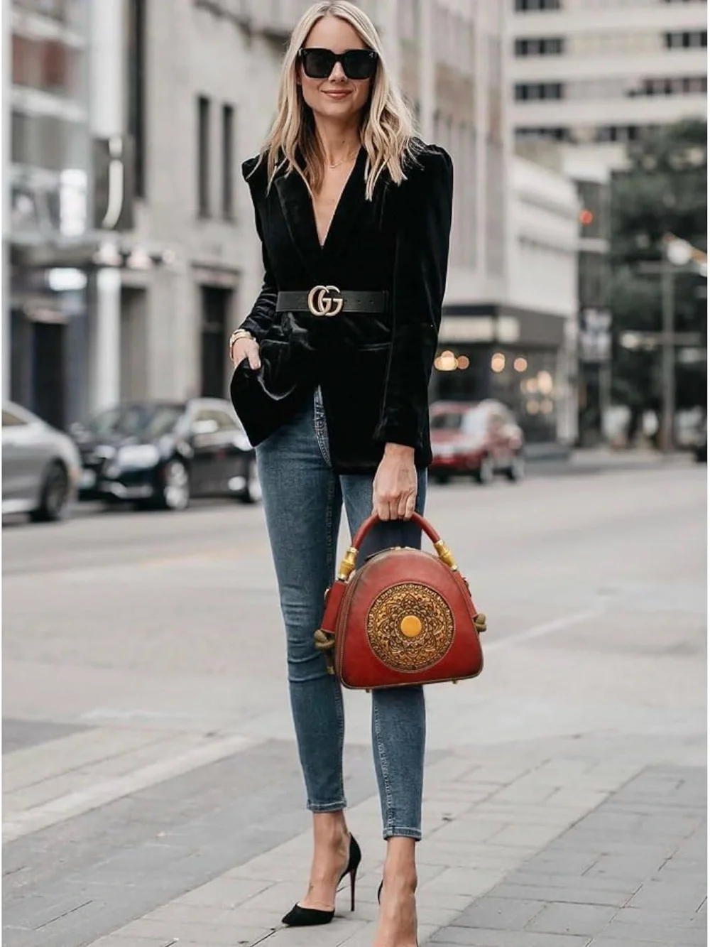 Red Genuine Leather Retro Top Handle Structured Crossbody Stachel Bag Zip Close